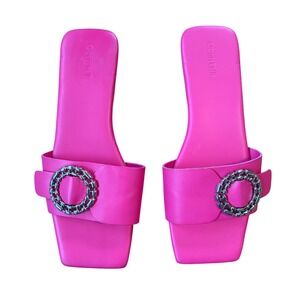 Open Edit Hot Pink Square Toe Slides Sandals Silver Buckle Flats Sz 9 Barbiecore